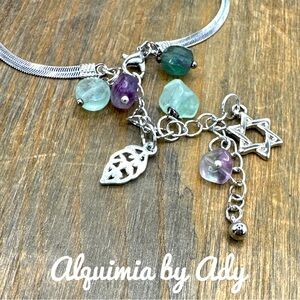 Fluorite silver chain adjustable charms beaded bracelet